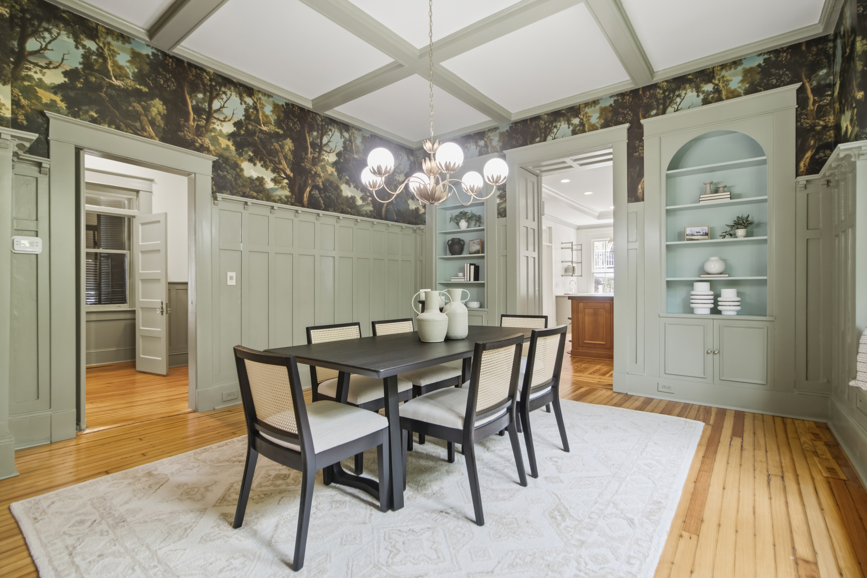 Paneled dining room and coffered ceiling at 173 Tradd Street